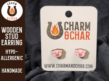 Pig Wood Stud Earrings - Animal Fashion Earring - Stud Earring - Charm and Char